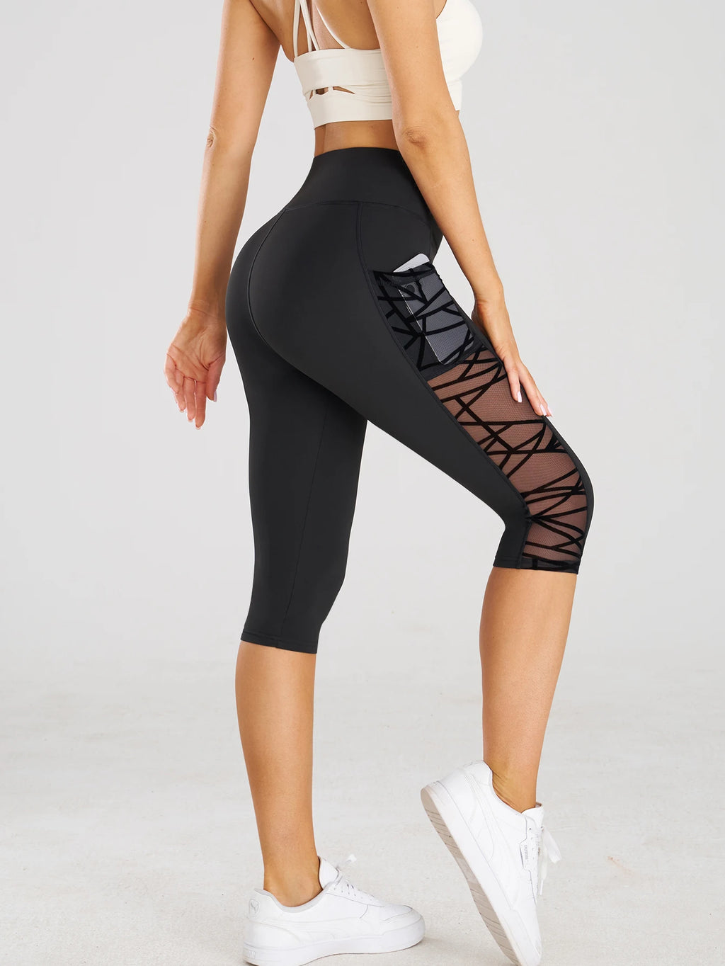 Taille haute Yoga pantalons courts Leggings avec poches sport Fitness décontracté serré pantalons de Yoga côté croix maille point Capri Leggings