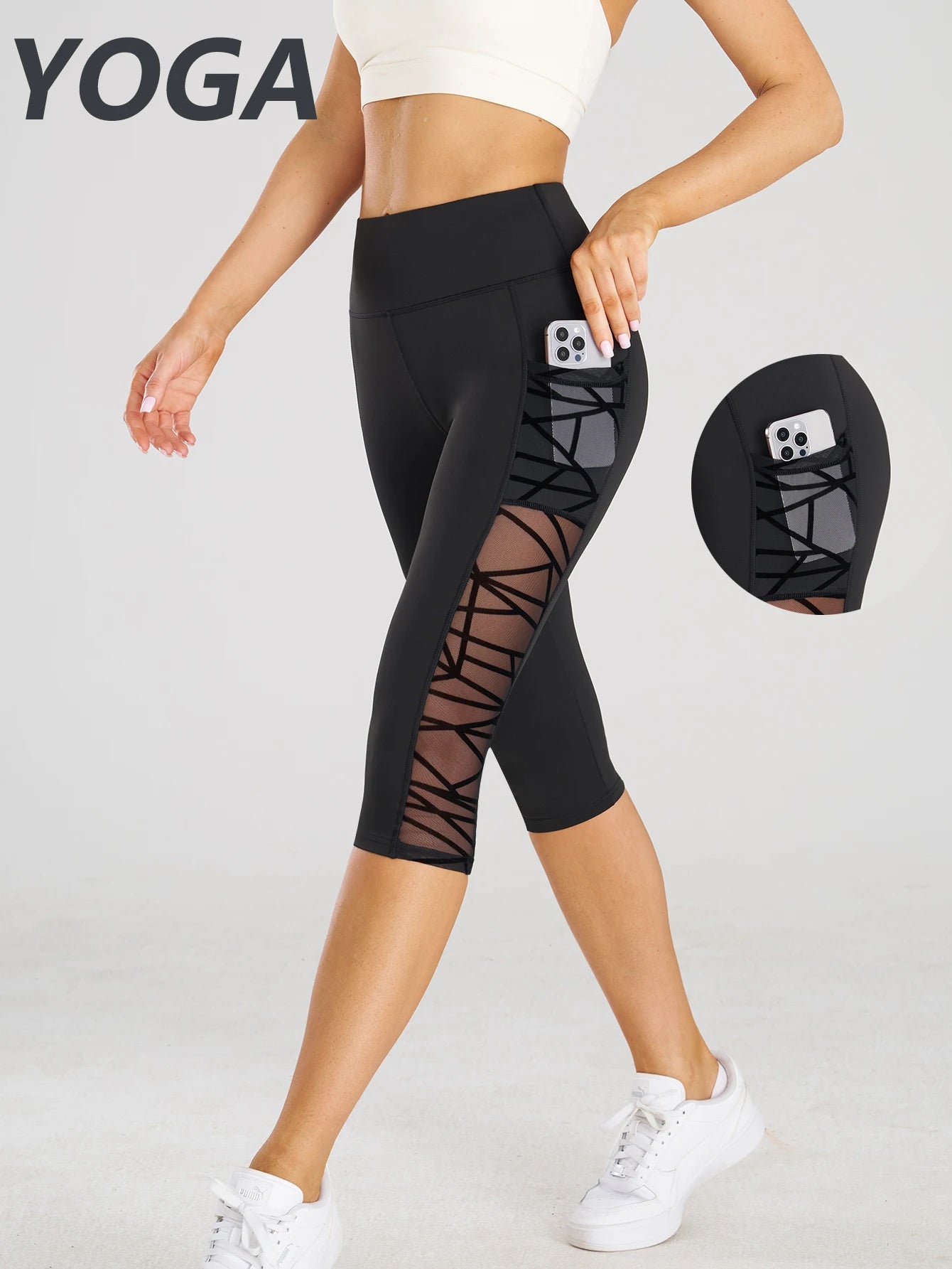 Taille haute Yoga pantalons courts Leggings avec poches sport Fitness décontracté serré pantalons de Yoga côté croix maille point Capri Leggings