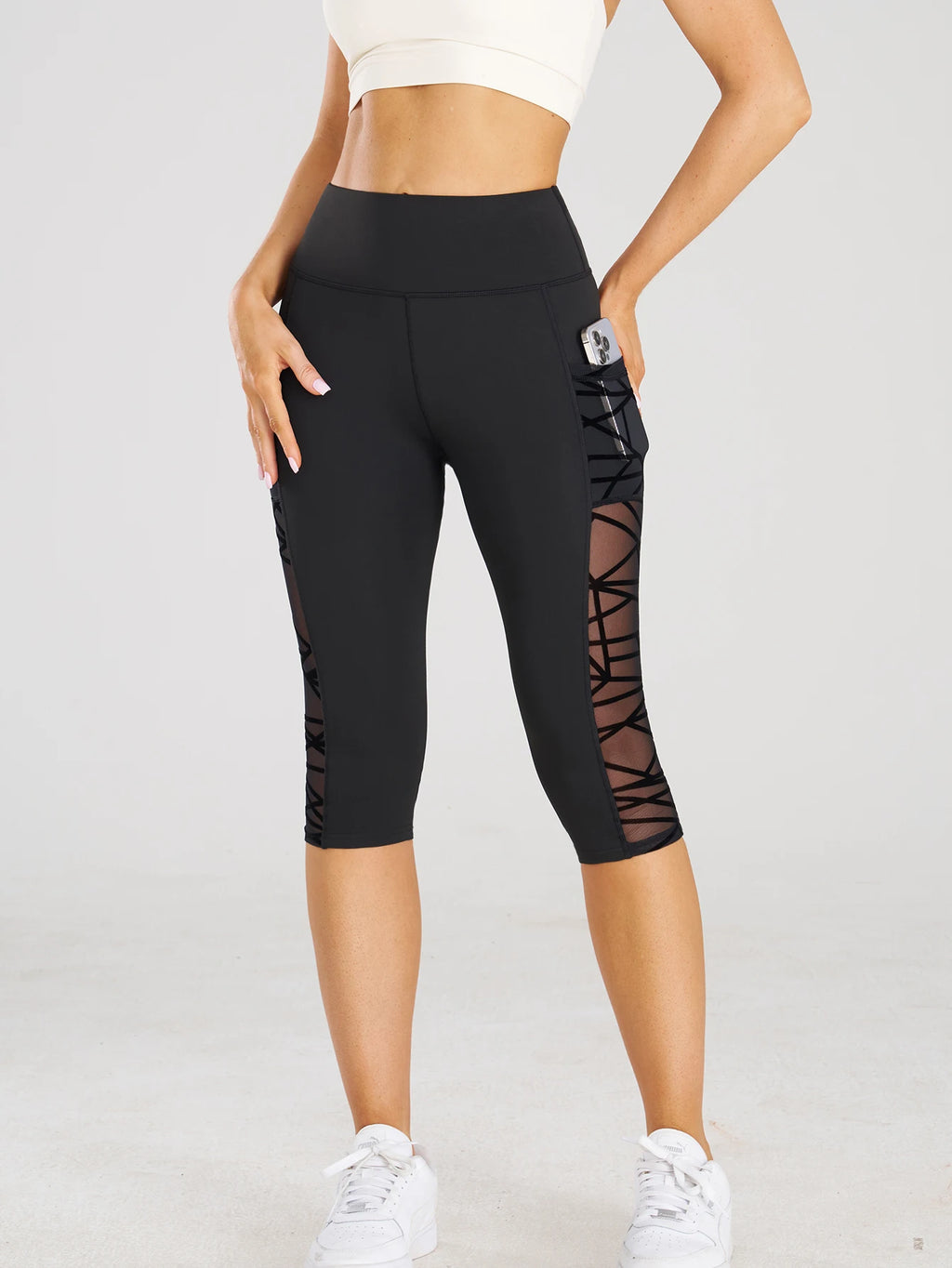 Taille haute Yoga pantalons courts Leggings avec poches sport Fitness décontracté serré pantalons de Yoga côté croix maille point Capri Leggings