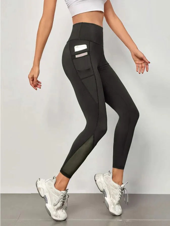 Pantalon de yoga taille haute pour femme, grandes poches cousues en maille, leggings de sport décontractés, vêtements de fitness et de fitness