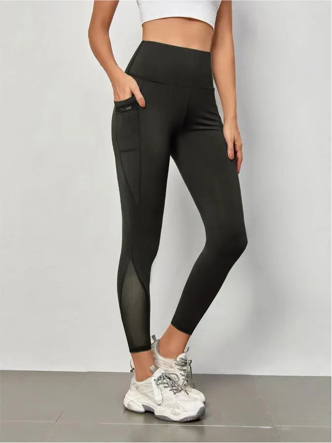 Pantalon de yoga taille haute pour femme, grandes poches cousues en maille, leggings de sport décontractés, vêtements de fitness et de fitness