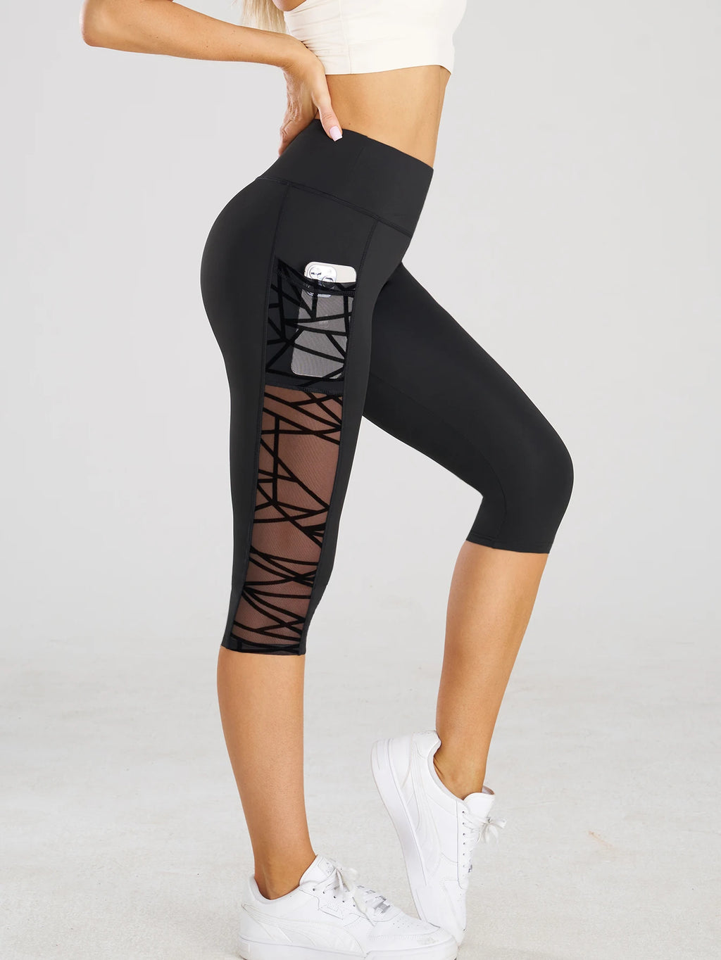 Taille haute Yoga pantalons courts Leggings avec poches sport Fitness décontracté serré pantalons de Yoga côté croix maille point Capri Leggings