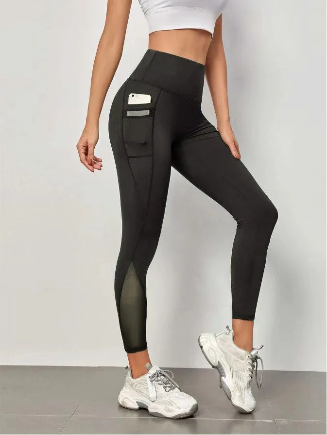 Pantalon de yoga taille haute pour femme, grandes poches cousues en maille, leggings de sport décontractés, vêtements de fitness et de fitness
