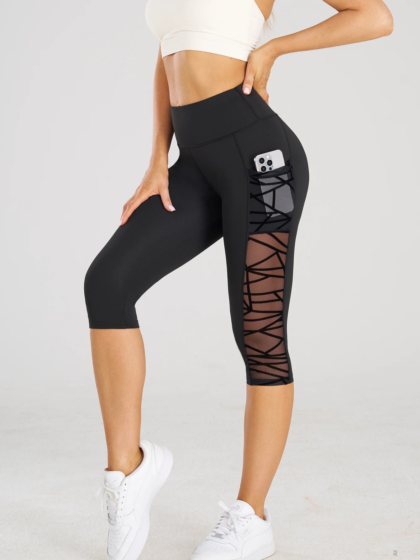 Taille haute Yoga pantalons courts Leggings avec poches sport Fitness décontracté serré pantalons de Yoga côté croix maille point Capri Leggings